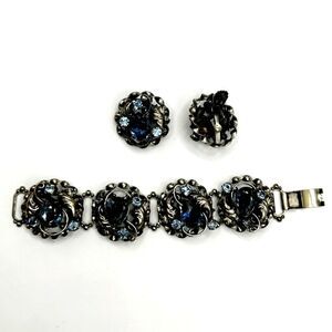 Vintage chunky silver & blue rhinestone ornate mid century bracelet & earrings